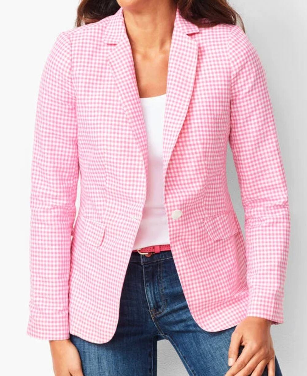 Talbots Classic Summer Blazer Gingham Pink White Linen Blend Size 10
